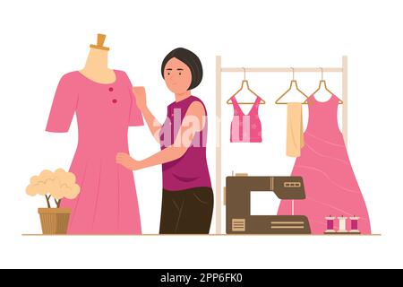 Schneiderin, Die Ein Frauenkleid Macht Stock Vektor