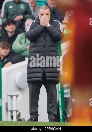 Keltische Managerin Angelos Postecoglou während des Cinch-Premiership-Spiels im Celtic Park, Glasgow. Foto: Samstag, 22. April 2023. Stockfoto
