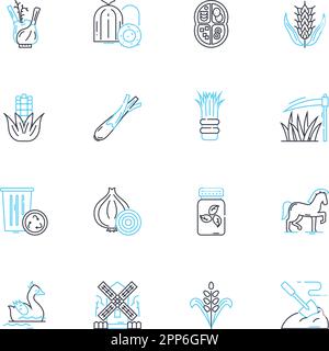 Umweltfreundliche Landwirtschaft, lineare Symbole eingestellt. Nachhaltig, Organisch, Regenerativ, Natürlich, Erhaltung, Boden-, Kompost-Linienvektor- und Konzeptschilder Stock Vektor