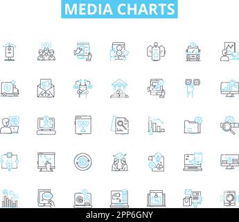 Medienkarten Lineare Symbole festgelegt. Infografiken, Analysen, Berichte, Metriken, Grafiken, Daten, Stationslinienvektor und Konzeptschilder. Visualisierung, Trends Stock Vektor