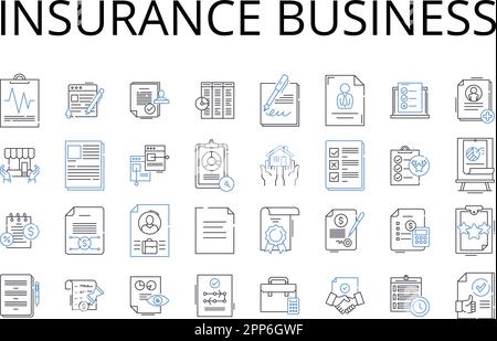 Symbolsammlung für Geschäftsbereiche Versicherungen. Underwriting, Assurance, Coverage, Indemnity, Policy, Schutz, Aktuarvektor und lineare Darstellung Stock Vektor