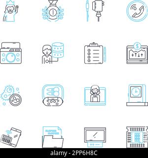 Lineare Druckersymbole eingestellt. Tinte, Tr, Laser, Patrone, Drucken, Scannen, Kopieren von Linienvektoren und Konzeptzeichen. Gedruckte, kabellose und Bluetooth-Übersichtsabbildungen Stock Vektor