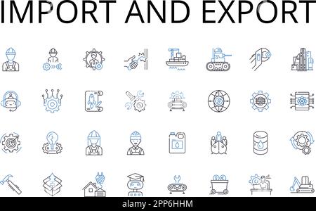 Sammlung von Zeilensymbolen importieren und exportieren. Handel, Handel, Transaktion, Versand, Versand, Konsignation, Bestimmungsvektor und lineare Darstellung Stock Vektor