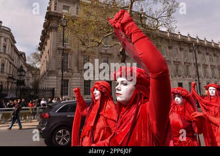 London, England, Großbritannien. 22. April 2023. Die Rote Brigade erschien lautlos vor der Downing Street, um sich dem Protest der Rebellion gegen die Ausrottung anzuschließen. Der zweite Tag der Ausrottung Rebellion 'Big One - Unite to Survival' Kundgebung am Parliament Square und Westminster. (Kreditbild: © Thomas Krych/ZUMA Press Wire) NUR REDAKTIONELLE VERWENDUNG! Nicht für den kommerziellen GEBRAUCH! Stockfoto