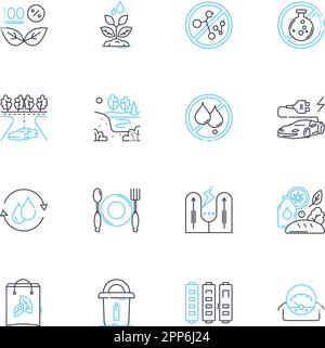 Lineare Symbole für Biokraftstoff eingestellt. Ethanol, Biodiesel, Algen, Biomasse, Erneuerbare Energien, Nachhaltig, Schnittlinienvektor und Konzeptzeichen. Zellulose, Rohstoff, Grün Stock Vektor