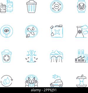 Lineares Ökosystem-Symbolset. Biodiversität, Habitat, Interdependenz, Nachhaltigkeit, Food Web, Adaptation, Nischenlinienvektor und Konzeptzeichen. Biom Stock Vektor