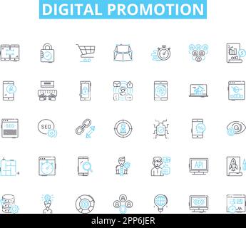 Lineare Symbole für digitale Werbung. Marketing, Werbung, Branding, Kampagnen, CTR, Konvertierung, Linienvektor und Konzeptzeichen. PPC Stock Vektor