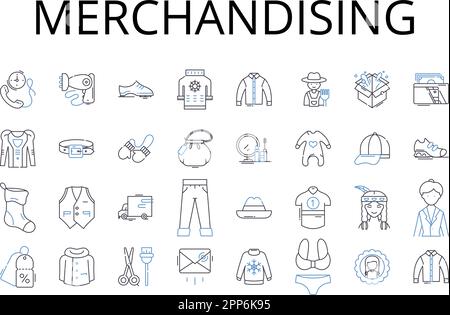 Symbolsammlung für Merchandising-Positionen. Einzelhandel, Verkauf, Marketing, Werbung, Präsentation, Anzeigen, Darstellen von Vektoren und linearen Darstellungen Stock Vektor