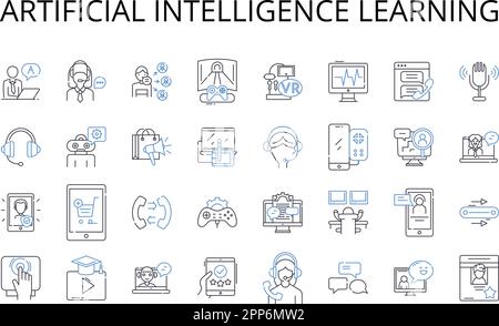Symbolsammlung für Lernzeilen mit künstlicher Intelligenz. Maschinelles Lernen, kognitive Computertechnik, Deep Learning, prädiktive Modellierung, Datenanalyse Stock Vektor