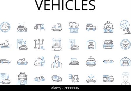 Symbolsammlung für Fahrzeuglinien. Autos, Autos, Transport, Modi, Transport, Ride-Rail, Ride-Sharing-Vektor und lineare Darstellung Stock Vektor