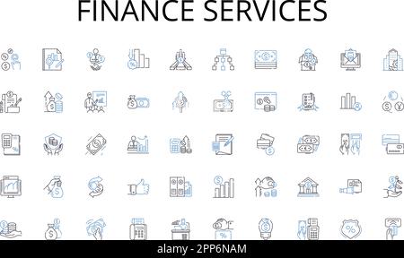 Symbolsammlung für Finanzdienstleister. Budgetierung, Prognose, Buchhaltung, Investitionen, Anlagen, Verbindlichkeiten, Risikovektor und lineare Darstellung Stock Vektor