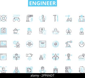 Lineares Symbolset konstruieren. Erfinderisch, analytisch, innovativ, kompetent, detailorientiert, Logische, präzise Linienvektor- und Konzeptzeichen. Einfallsreich Stock Vektor