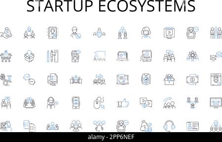 Symbolsammlung für Startup Ecosystems. Mitarbeiter, Personal, Mitarbeiter, Personal, Personal, Personaleinsatz, Produktivitätsvektor und linear Stock Vektor