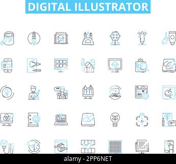 Linearer Symbolsatz für digitale Illustratoren. Vektor, Skizze, Layer, Zusammensetzung, Umriss, Illustration, Design-Linienvektor und Konzeptzeichen. Stil, Tinte Stock Vektor