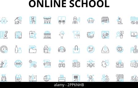 Lineare Symbole für Online-Schulen festgelegt. Entfernung, webbasiert, virtuell, Remote, E-Learning, Digital-, Cyber-Vektorsymbole und Linienkonzepte. Internet, WLAN Stock Vektor