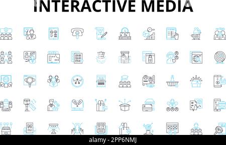 Lineare Symbole für interaktive Medien. Interaktion, Digital, Multimedia, Interaktiv, Spiele, Animation, virtuelle Vektorsymbole und Linienzeichen Stock Vektor