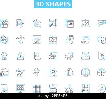 Lineare Symbole für 3D Formen. Würfel, Pyramide, Zylinder, Kugel, C, Tetraeder, Octahedron-Linienvektor und Konzeptzeichen. Dodekaeder, Icosahedron, Cuboid Stock Vektor