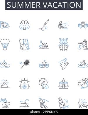 Summer Vacation Line Icons Kollektion. Strandurlaub, Winterurlaub, Frühlingsurlaub, tropischer Kurzurlaub, Bergurlaub, Roadtrip, Kulturexpedition Stock Vektor