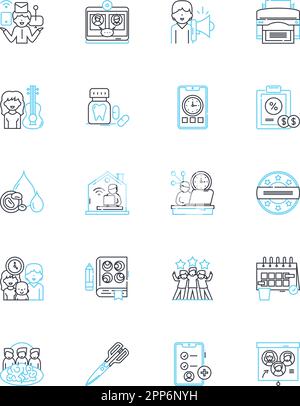 Lineare Symbole für Bürogeräte. Kopierer, Drucker, Scanner, Fax, Aktenvernichter, Projektor, Monitor-Linienvektor und Konzeptschilder. Tastatur, Maus, Teleph Stock Vektor