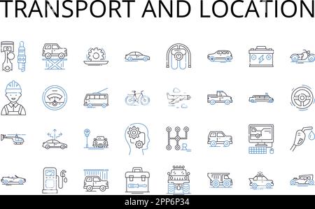 Symbolsammlung für Transport- und Standortlinien. Ransport, Pendelverkehr, Transfer, Transport, Versand, Transport, Importvektor und linear Stock Vektor