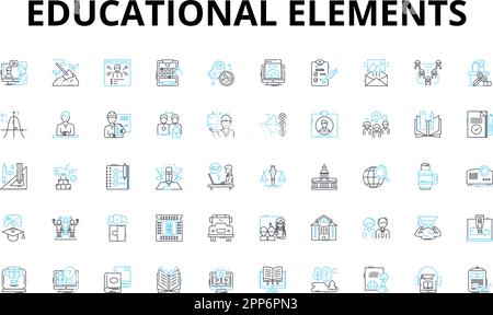 Lineare Symbolgruppe für Lernelemente. Lehrplan, Lehrpläne, Beurteilungen, Lehren, Lernen, Anweisung, Textbooks, Vektorsymbole und Linie Stock Vektor