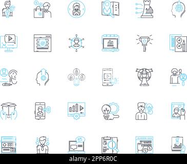 Lineare Symbole für Markenberater. Strategie, Branding, Positionierung, Differenzierung, Identität, Messaging, Research Line Vector und Concept Signs Stock Vektor