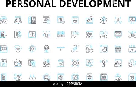 Lineare Symbole für die persönliche Entwicklung. Wachstum, Motivation, Selbstreflexion, Denkweise, Erkenntnis, Transformation, Empowerment-Vektorsymbole und -Linien Stock Vektor