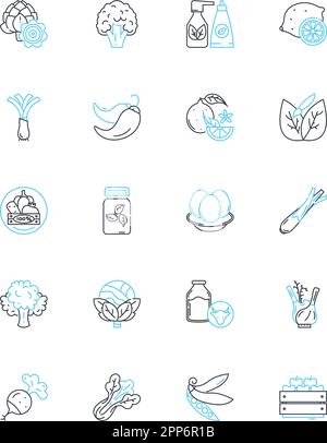 Lineare Symbole für Viehbestand eingestellt. Rinder, Schweine, Schafe, Ziegen, Pferde, Masthühner, Truthühner, Linienvektor und Konzeptzeichen. Enten, Gänse, Kaninchen Stock Vektor