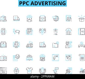 Lineare Symbole für PPC-Werbung festgelegt. Adwords, Gebote, Kampagnen, Klicks, Conversions, Cost-per-Click, CTR-Linienvektor und Konzeptzeichen. Display, Google Stock Vektor