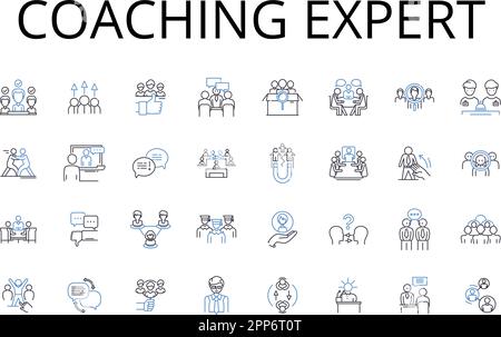 Sammlung von Symbolen für die Linie „Coaching Expert“. Strategischer Denker, Führungsguru, Motivationssprecher, Zielsetzer, Management-Mentor, Befähigungscoach Stock Vektor