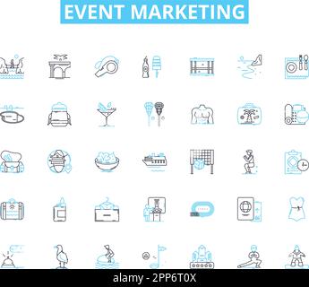 Lineare Symbole für Event-Marketing. Werbung, Branding, Öffentlichkeitsarbeit, Engagement, Conversion, Aktivierung, Erlebnislinienvektor und Konzeptzeichen Stock Vektor
