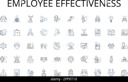Symbolzusammenstellung für Mitarbeitereffektivität. Strategie, Branding, Werbung, Digital, Analysen, Kreativität, Inhaltsvektor und lineare Illustration Stock Vektor