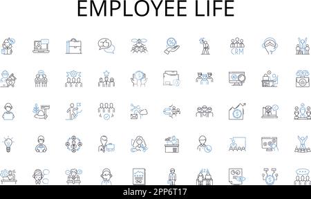 Sammlung von Lebenszyklussymbolen für Mitarbeiter. Abenteuer, Exkursion, Safari, Expedition, Geführt, Reise, Paketvektor und lineare Darstellung. Urlaub Stock Vektor