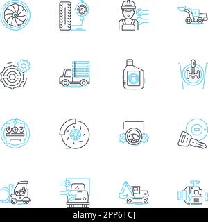 Fahrradwerkstätten mit linearen Symbolen. Fahrräder, Radfahren, Reparaturen, Zubehör, Ausrüstung, Artikel, Vektor der Instandhaltungslinie und Konzeptzeichen. Räder, Pedale, Reifen Stock Vektor