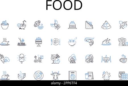 Food Line Icons Kollektion. Getränk, Küche, Grub, Nahrung, Nachspeise, Chow, frisst Vektor und lineare Darstellung. Schilder für Speisen, Mahlzeiten, Snacks Stock Vektor