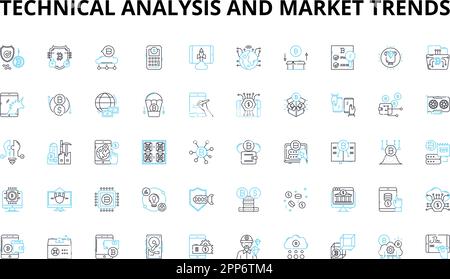 Lineare Symbole für technische Analysen und Markttrends. Widerstand, Unterstützung, Impuls, Volumen, Ausbruch, Trendlinie, Mustervektorsymbole und Linie Stock Vektor