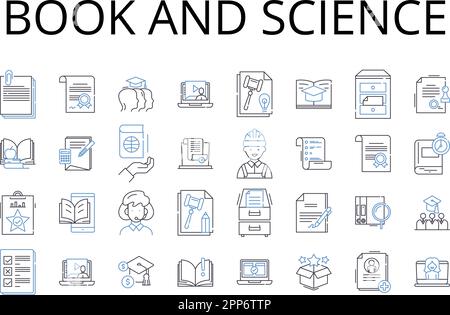 Buch- und Science-Line-Icons-Kollektion. Band und Forschung, Manuskript und Wissen, Tomé und Physik, Publikation und Biologie, Codex und Chemie Stock Vektor