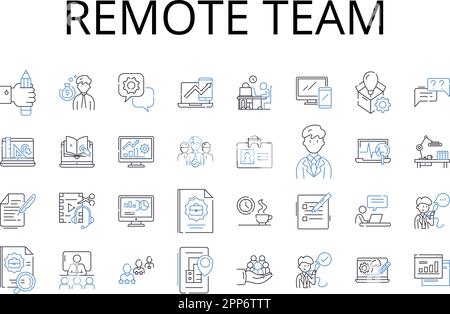 Symbolsammlung für Remote Team Line. Virtuelles Personal, entfernte Gruppe, externes Team, weit entfernte Crew, Online-Personal, Geografisch verteilte Einheit Stock Vektor