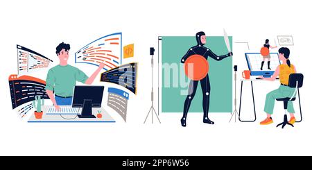 Spielentwicklung. Spezialisten erstellen Web-Charaktere für Spiele. Programmiersoftware. Computertechnik. Arbeitsplatz professioneller digitaler Designer. Kreative Arbeit. Teamwork-Projekt. Vektorkonzept Stock Vektor