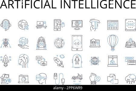 Kollektion künstlicher Intelligenz mit Liniensymbolen. Maschinelles Lernen, kognitives Computing, digitale Automatisierung, autonome Systeme, Roboterintelligenz Stock Vektor