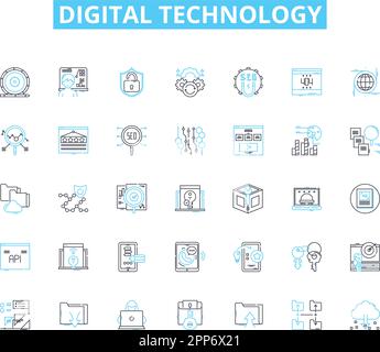 Lineare Symbole für digitale Technologie. Internet, Soziale Medien, Cloud, Big Data, Analysen, Automation, Robotik Linienvektor und Konzeptzeichen Stock Vektor