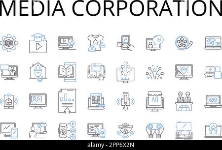 Symbolsammlung für Medienunternehmen. Presseabteilung, Nachrichtenagentur, Broadcast Nerk, Verlag, Kommunikationskonzern, Zeitschriftenverlag Stock Vektor