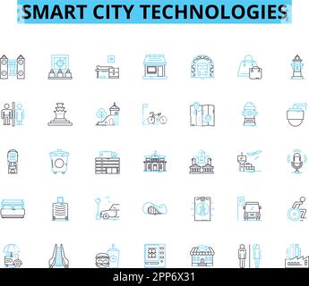 Smart City Technologies – Lineare Symbole. IoT, Nachhaltigkeit, Automatisierung, Innovation, Digitalisierung, Konnektivität, Mobilitätslinienvektor und Konzept Stock Vektor