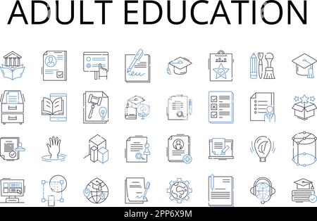 Kollektion mit Symbolen für die Erwachsenenbildung. Hochschulbildung, berufliche Entwicklung, Weiterbildung, lebenslanges Lernen, Erwachsenenbildung, Senioren Stock Vektor