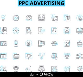 Lineare Symbole für PPC-Werbung festgelegt. Adwords, Gebote, Kampagnen, Klicks, Conversions, Cost-per-Click, CTR-Linienvektor und Konzeptzeichen. Display, Google Stock Vektor