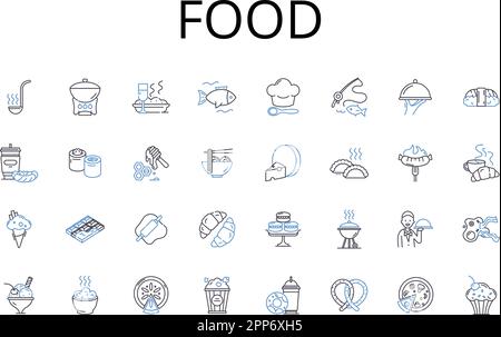 Food Line Icons Kollektion. Getränk, Küche, Grub, Nahrung, Nachspeise, Chow, frisst Vektor und lineare Darstellung. Schilder für Speisen, Mahlzeiten, Snacks Stock Vektor