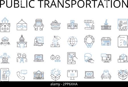 Icons-Sammlung für öffentliche Verkehrsmittel. Öffentlicher Nahverkehr, Pendlerzug, Stadtbus, Mitfahrgelegenheit, Fahrgemeinschaftsspur, Motorradtaxi, Pedikelservice-Vektor Stock Vektor