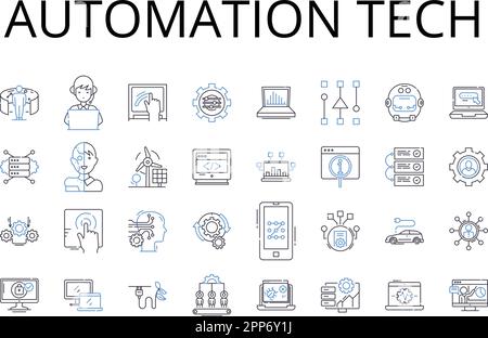 Symbolsammlung für die Automationstechnik. Digitale Tools, Virtual Reality, Robotikindustrie, maschinelles Lernen, KI-Software, Unternehmenseffizienz, intelligent Stock Vektor