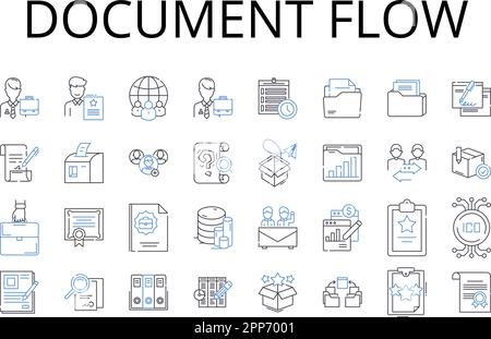 Symbolsammlung für den Dokumentfluss. Workflow-Management, Informationsfluss, Geschäftsprozess, Aufgabensequenz, Prozessflussdiagramm, Daten-Pipeline Stock Vektor