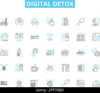 Digitale Detox-Symbole eingestellt. Trennen, Trennen, Wieder Verbinden, Achtsamkeit, Gleichgewicht, Fokus, Relaxationslinienvektor und Konzeptzeichen. Wellness, Erneuerung Stock Vektor